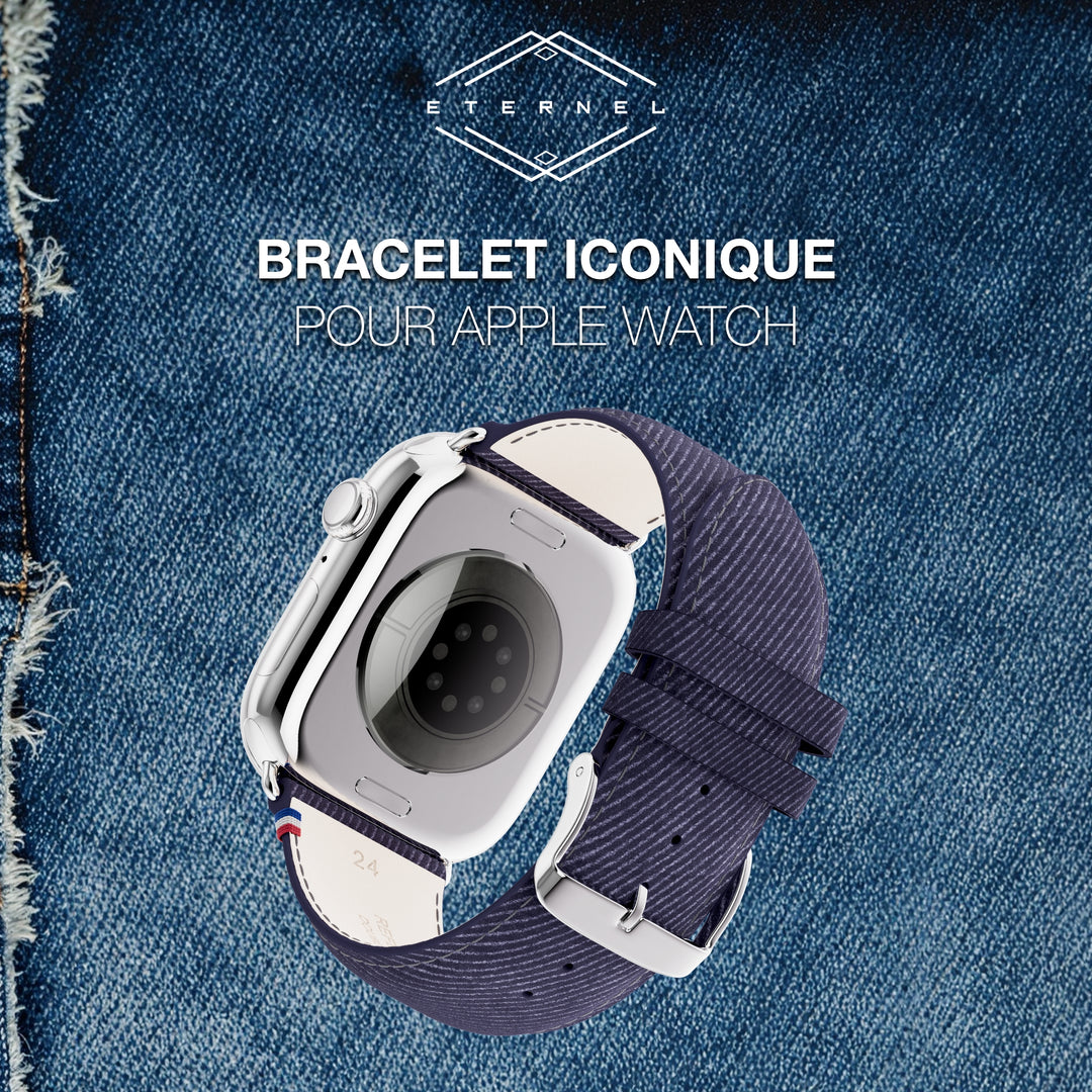 Denim - Bracelet Apple Watch cuir effet jean - Bleu Jean 46 / 49 mm
