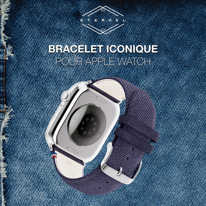 Denim - Bracelet Apple Watch cuir effet jean - Bleu Jean 46 / 49 mm