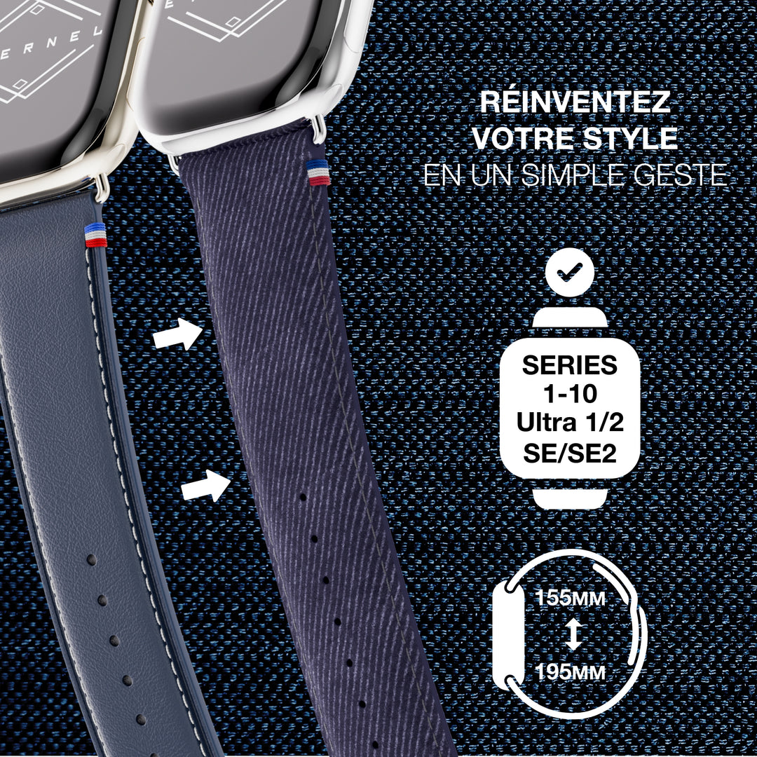 Denim - Bracelet Apple Watch cuir effet jean - Bleu Jean 46 / 49 mm