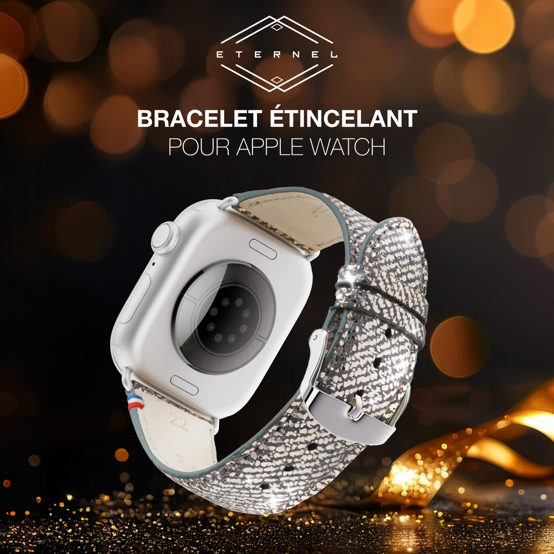 Nuit Parisienne - Bracelet Apple Watch cuir effet jean pailleté - Lune 42 mm