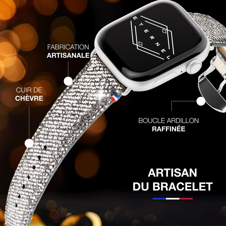 Nuit Parisienne - Bracelet Apple Watch cuir effet jean pailleté - Lune 42 mm
