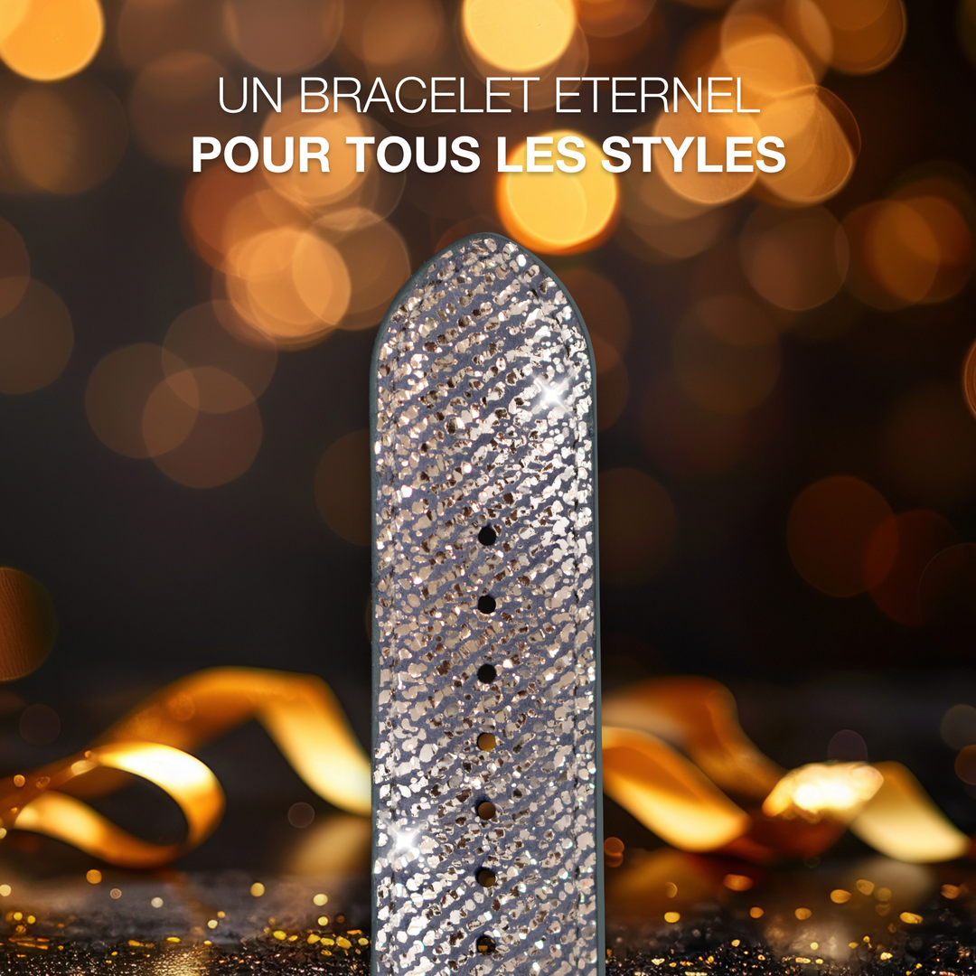 Nuit Parisienne - Bracelet Apple Watch cuir effet jean pailleté - Lune 42 mm