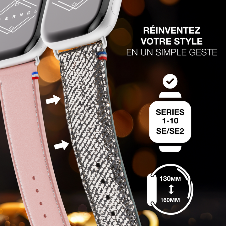 Nuit Parisienne - Bracelet Apple Watch cuir effet jean pailleté - Lune 42 mm