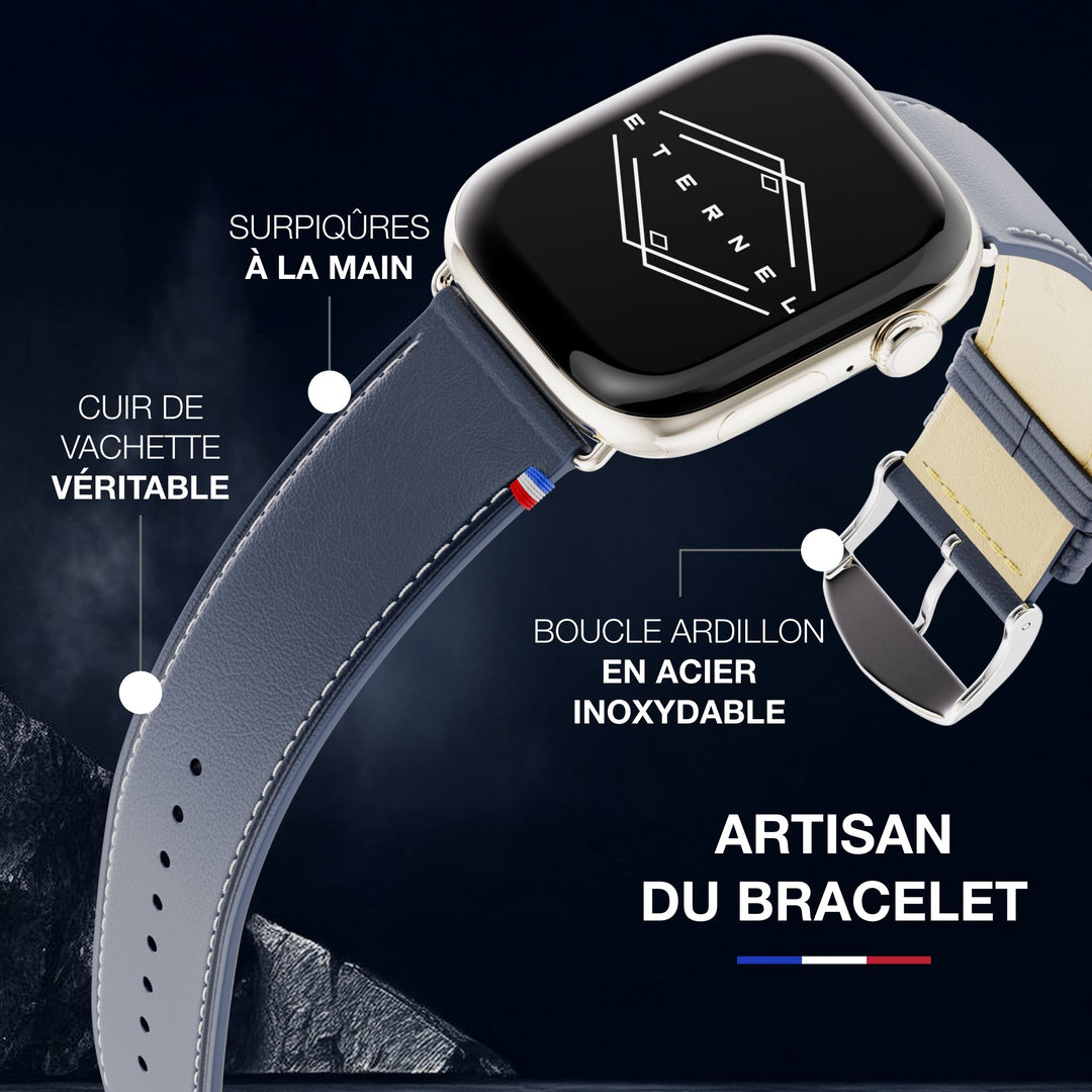 Simple tour - Cuir de vachette graissé Apple Watch Bleu marine 46 / 49 mm