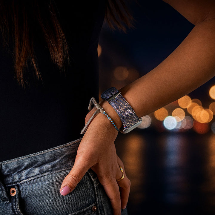 Nuit Parisienne - Bracelet Apple Watch cuir effet jean pailleté - Lune 42 mm