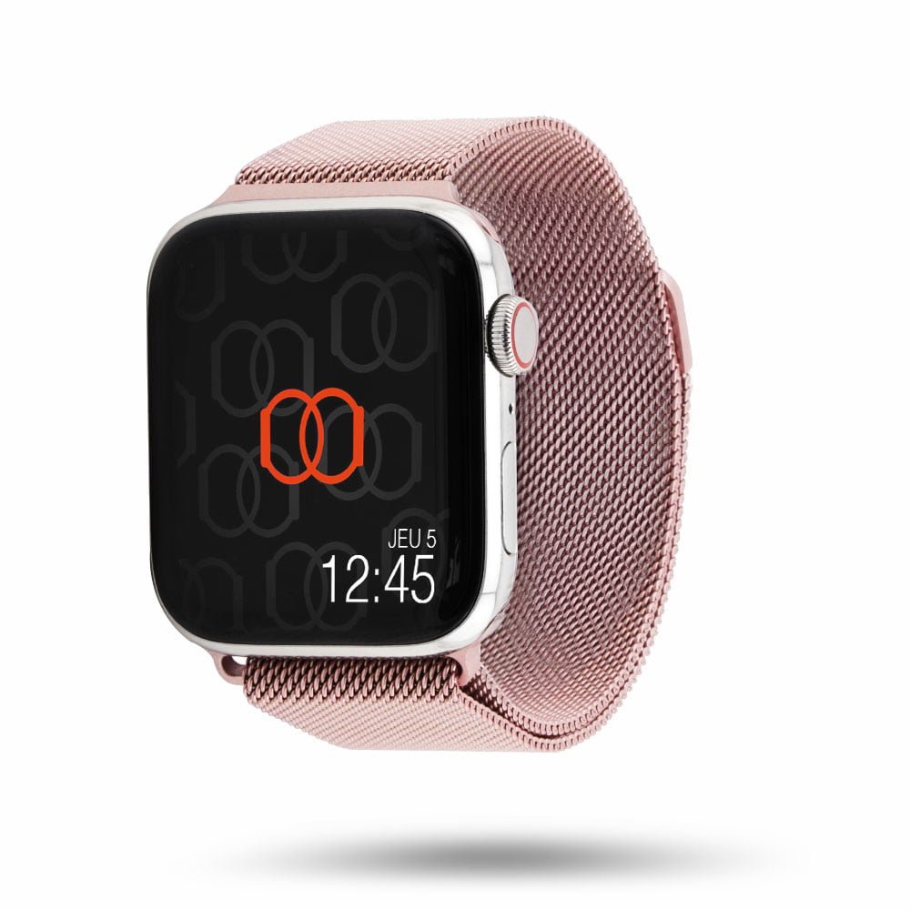 bracelet à aimants Apple Watch rose sur Apple Watch en acier inoxydable argent