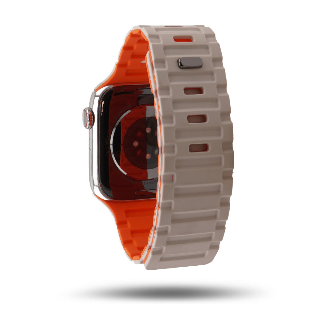 Bracelet Apple Watch silicone magnétique avec fermoir - Lumière stellaire/Orange 46 / 49 mm