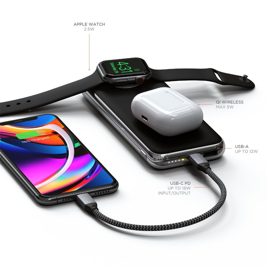 Satechi Quatro Wireless Power Bank - Batterie externe 10.000 mAh avec chargeur Apple Watch intégré