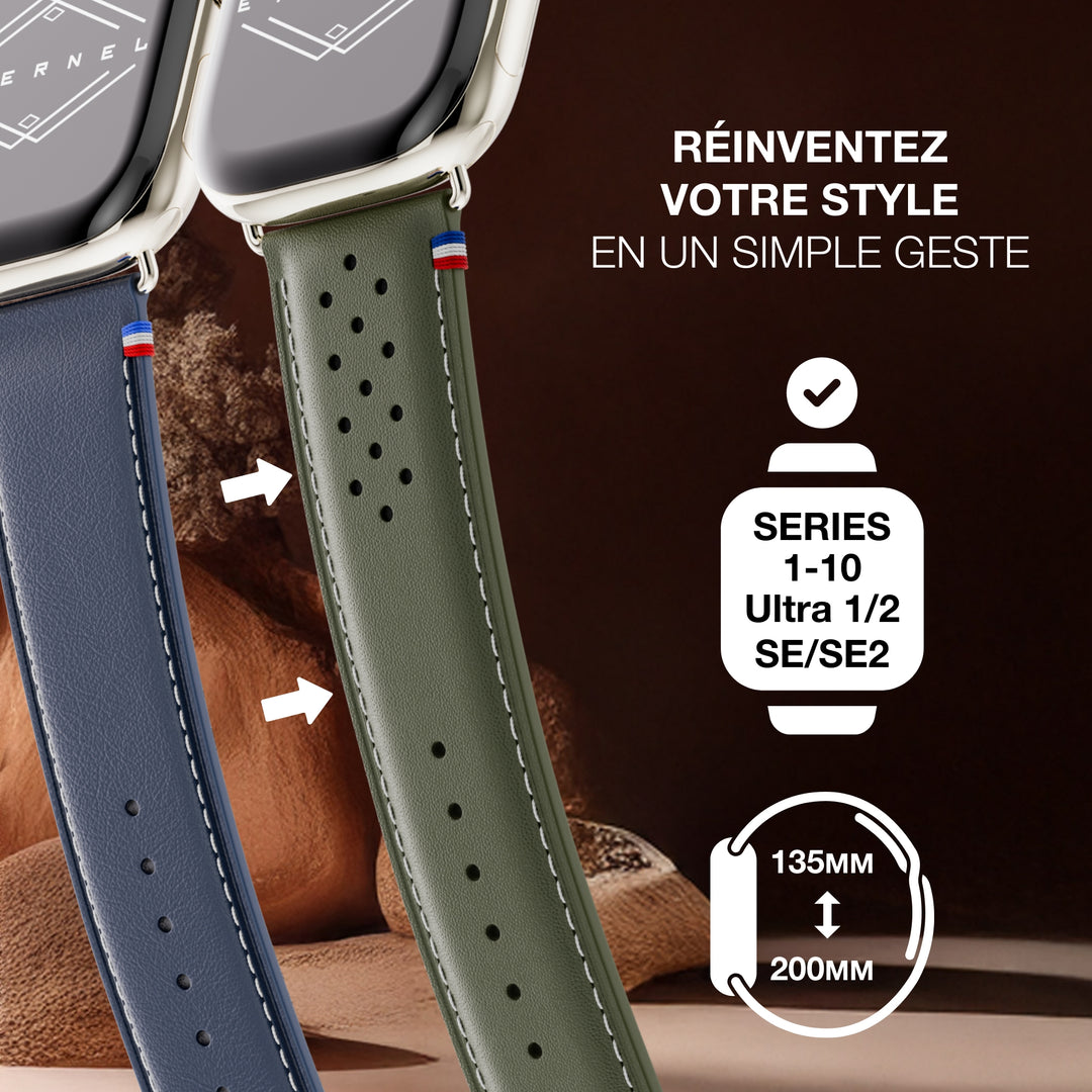 Roadster - Bracelet Apple Watch cuir perforé Vert forêt 46 / 49 mm