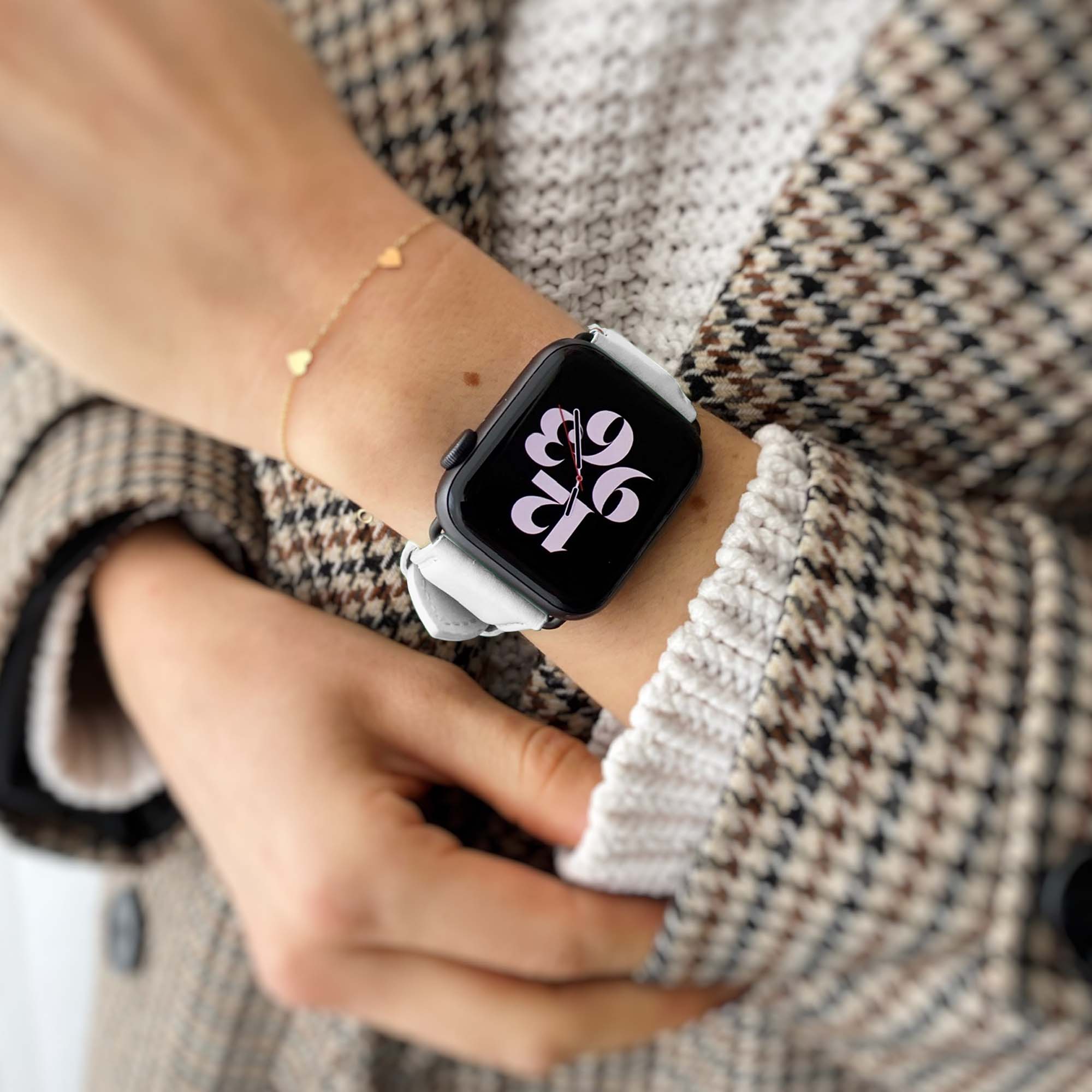 Bracelet quadrillé en cuir Apple Watch - blanc