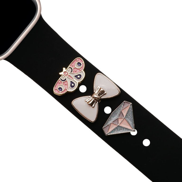 Schmuck in Form eines Schmetterlings, einer Schleife und eines Diamanten auf einem Armband Apple Watch Sport schwarz