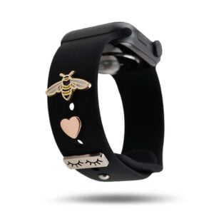 Schmuck in Form einer Biene, eines Herzens und von Augen auf einem Armband Apple Watch Sport in der Farbe Schwarz